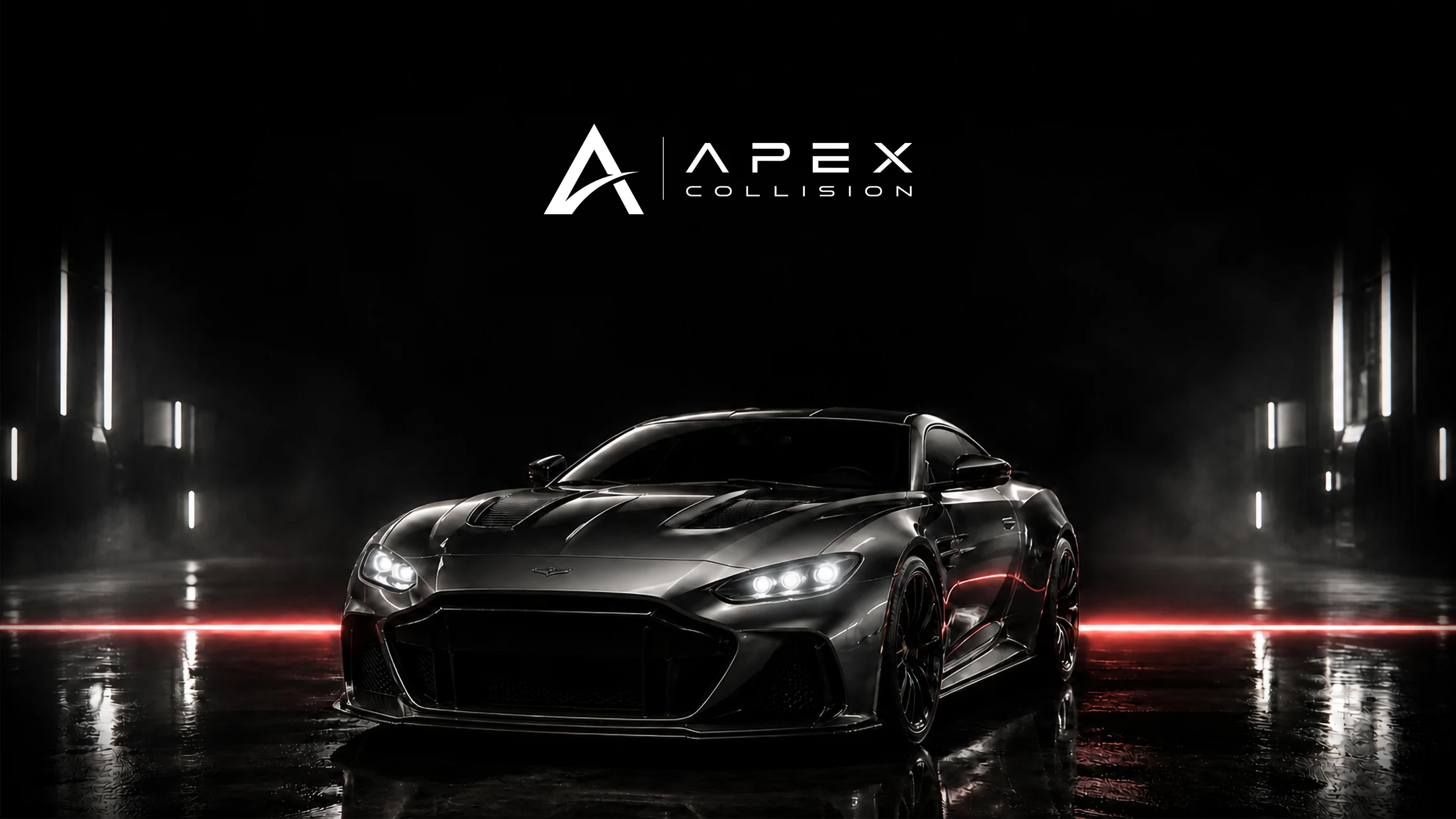 Apex Collision automotive brand artwork featuring a black sports car